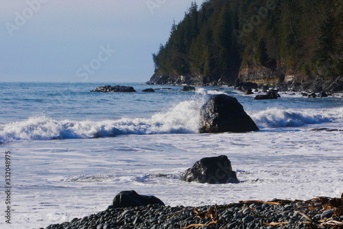 Waves crashing against rock along Canadian coastline
