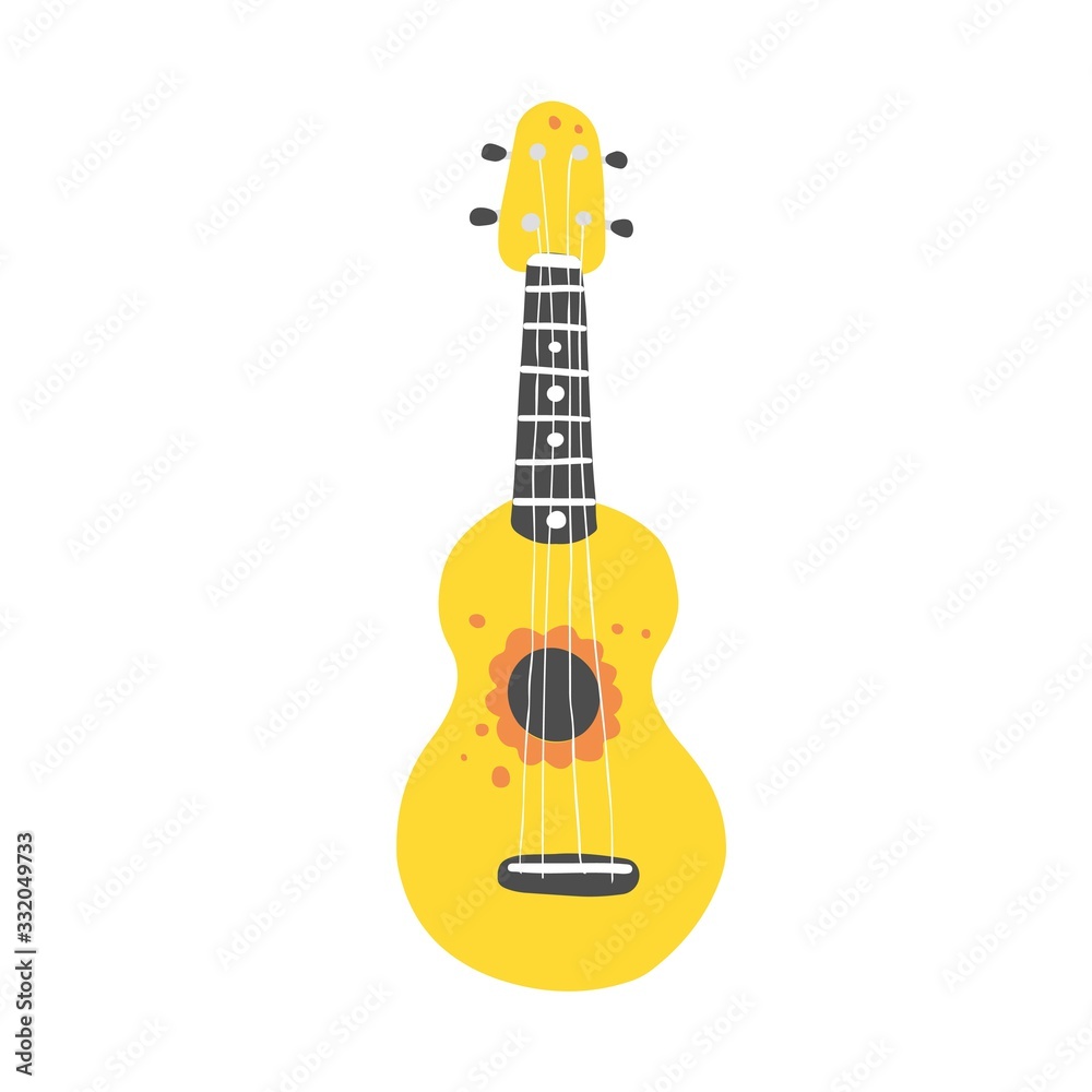 Obraz premium Cute cartoon ukulele for summer poster, card design. Little guitar, string music instrument of hawaii style. Vector illuatration of simple hand drawn style.
