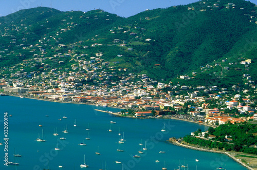 Cliff top view of a seaport and village. St Thomas West Indies Caribbean