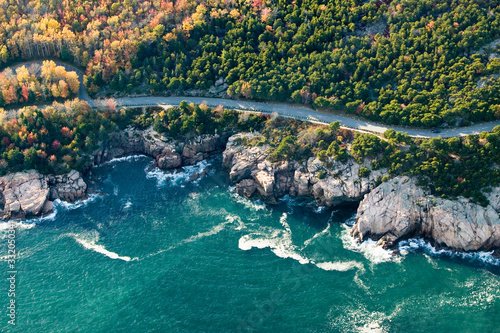 Aerial views of coastline surrounding Acadia National Park, Maine in autumn photo