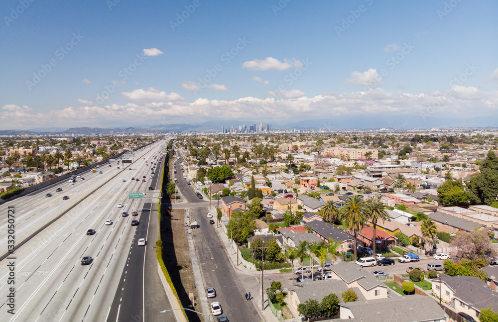 Aerial view of the 110 freeway to downtown Los Angeles, CA with very light traffic : March 20, 2020