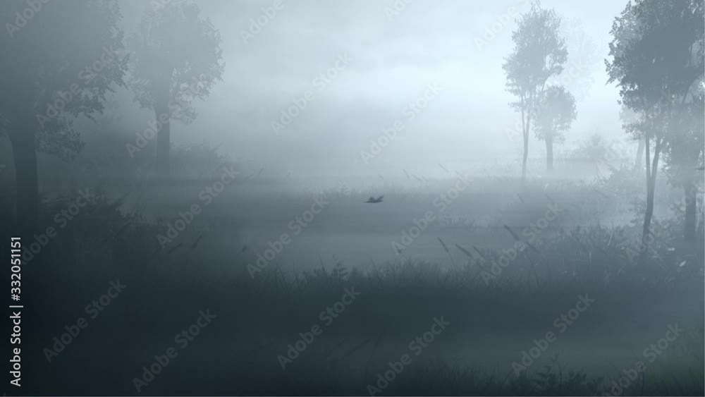 Moving Through the Foggy Swamps 4K Loop features a camera view moving through marsh land with birds flying across the scene in a loop