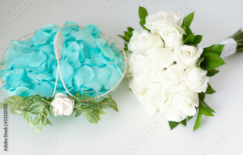 Aligned flower wedding bouquets, natural light
