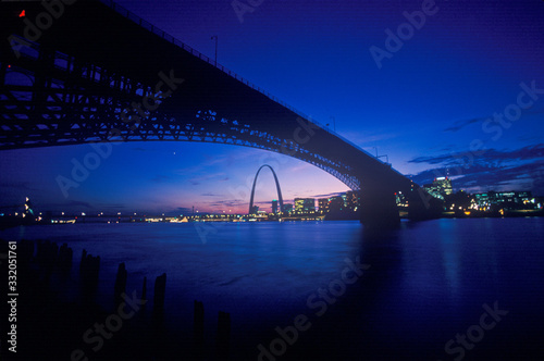 Sunset view of St. Louis, Mo skyline and Eads Bridge photo