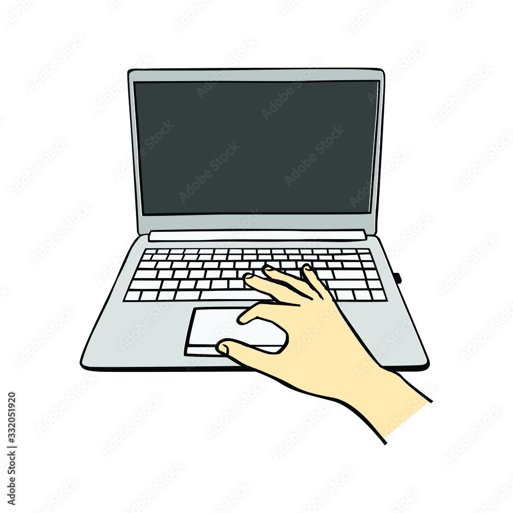 Computer notebook with hand in drawing style vector, information technology Computer notebook with hand in drawing style vector, information technology