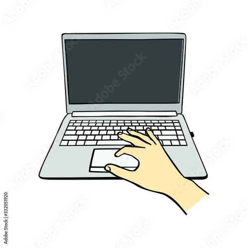 Computer notebook with hand in drawing style vector, information technology