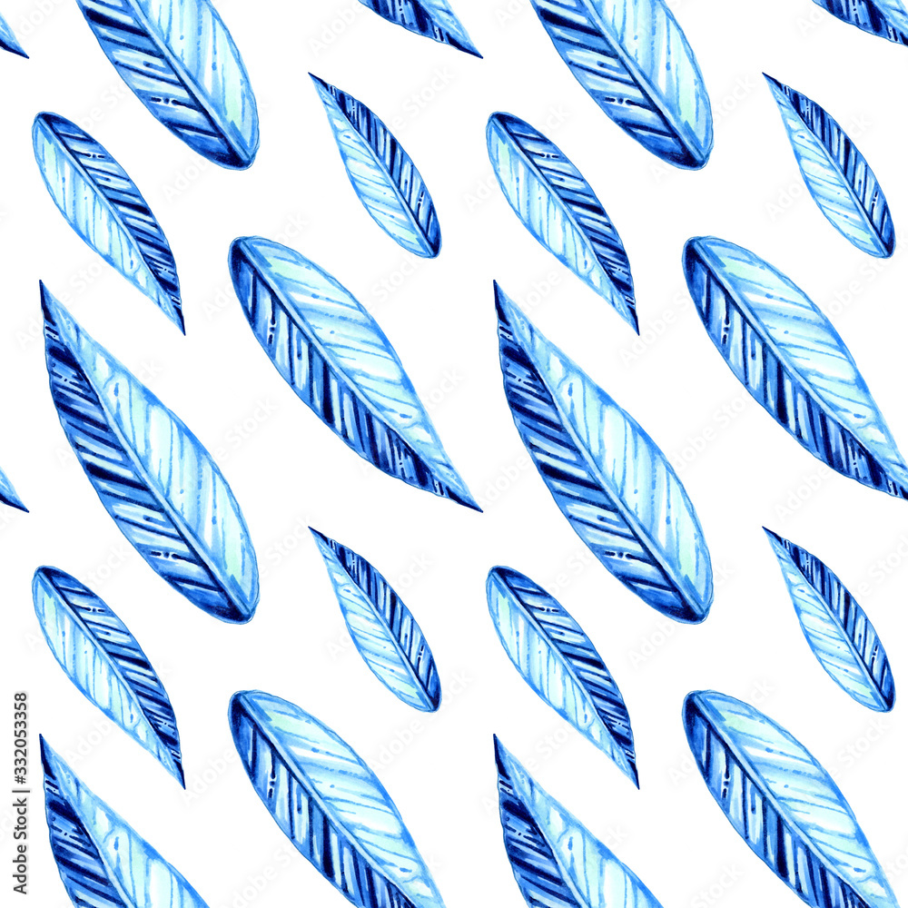 A tropical seamless pattern of  leaf in blue tones. Illustration drawn with a marker, used in the design of postcards packaging and labels of cosmetics. Print on fabric.