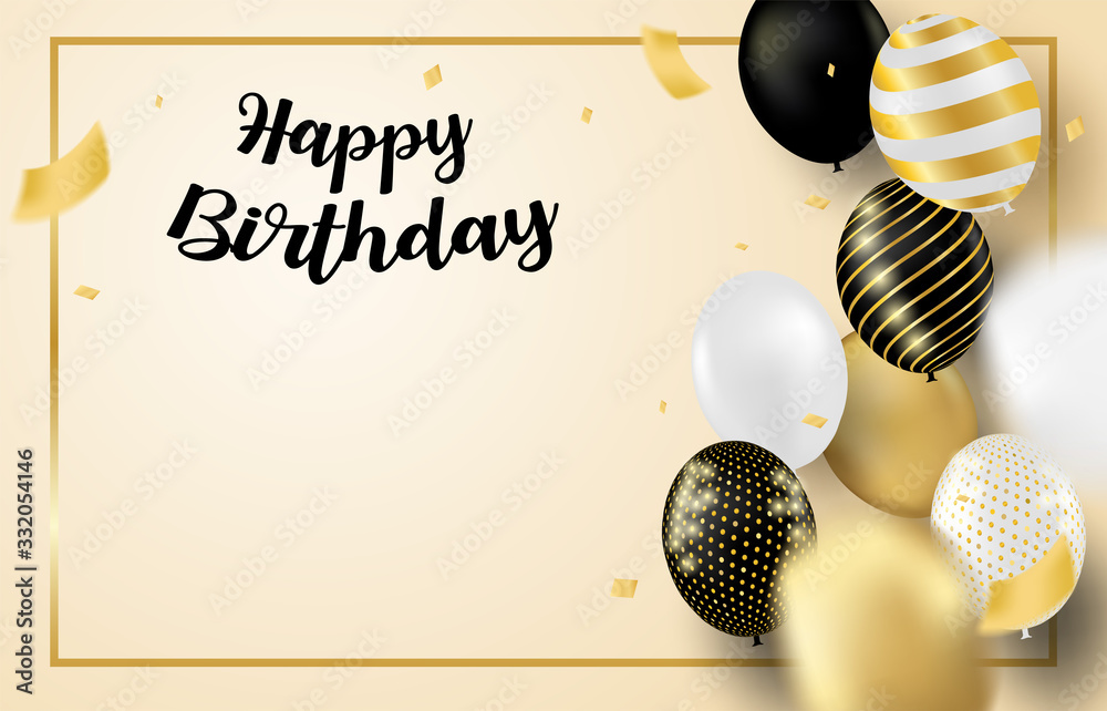 suffering population Sleet Happy Birthday celebration card. Design with black, white, gold balloons  and gold foil confetti. soft background. vector. Stock Vector | Adobe Stock