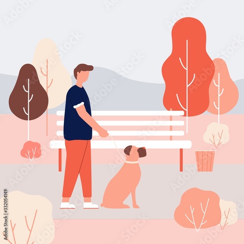 Cartoon Man Holding Leash in Hand. Boxer Breed Dog Sit Street Vector Illustration. Walk Puppy Outdoors, Autumn Tree, Fall Nature, Park Bench. Animal Friend Love, Care, Pet Training