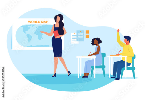 Geography Subject, Lesson Flat Vector Illustration. Young Teacher, Schoolgirl and Schoolboy Cartoon Characters. Elementary Grade Students Studying World Map. Boy Raising Hand. Primary Education
