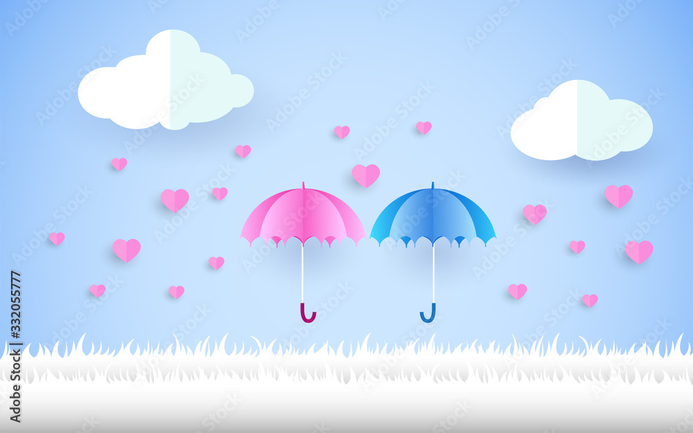 umbrella in rain, paper art style, heart in the sky