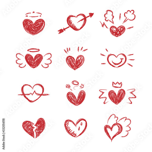 Set of drawing red hearts. Collection cartoon hearts shape character different style. Hearts doodle. Heart feelings. Vector illustration.