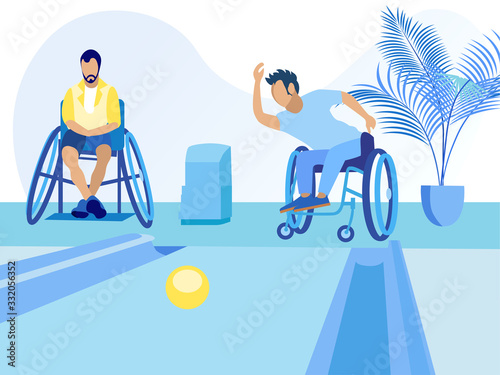 Disabled People Character in Wheelchair Playing Bowling. Male Friends with Disabilities and Sportive Hobbies. Interests, Games, Hobbies. Friendships and Communication. Vector Flat Cartoon Illustration