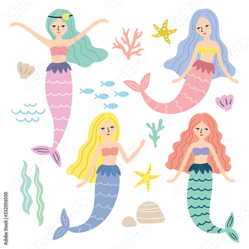 Vector illustration of mermaid princess, fishes, starfish and under the sea items.