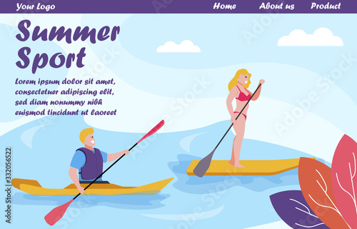 Flat Landing Page Offering Summer Water Sport Variety. Rowing on Canoe or Kayak, Sup Surfing with Paddle. Outdoor Activities and Extreme Summertime. Surfboards Beach Holidays. Vector Illustration