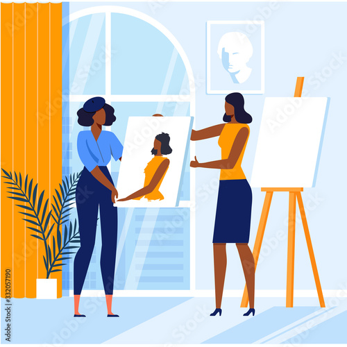 Art School, Painting Studying Vector Illustration. Talented Student and Teacher, Professional Painter Cartoon Characters. Young African American Woman Holding Self Portrait. Drawing Education
