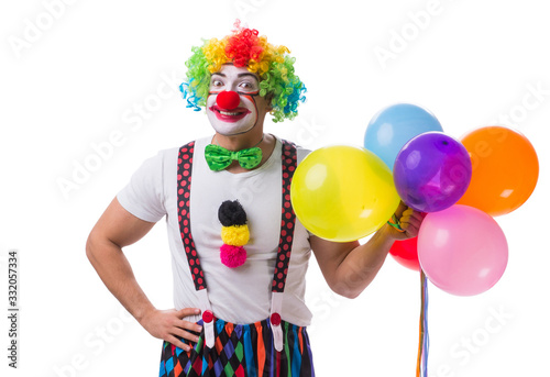 Funny clown with balloons isolated on white background