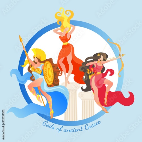 Goddess of Ancient Greece Artemis Deity of Hunting and Fertility, Athene Patronize War and Wisdom and Hestia Young Goddess of Hearth and Sacrificial Fire. Cartoon Flat Vector Illustration, Banner