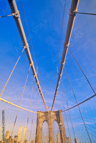 Walkway on Brooklyn Bridge on way to Manhattan, New York City, NY
