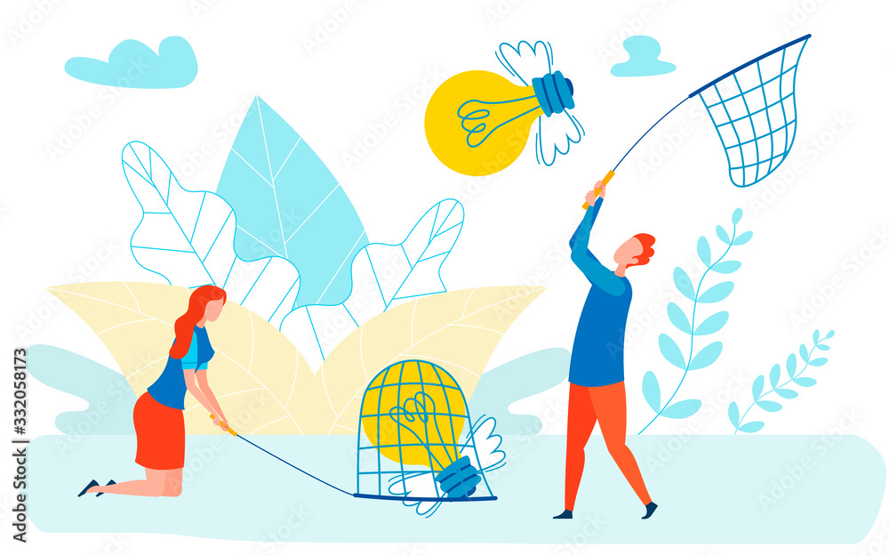 Innovations Competition Metaphor Flat Illustration. Man, Woman Catching Winged Lightbulbs with Butterfly Nets. Cartoon Businessman, Investors, Competitors Following Creative Startup Ideas