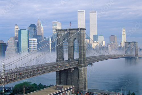 Morning fog over the Brooklyn Bridge looking into Manhattan, NY