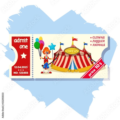 Informative Flyer Entrance Ticket to Circus Flat. Poster Coupon with Price for Visiting Circus. Clown Offers to Enter Circus Tent. Banner have Fun Weekend Cartoon. Vector Illustration.