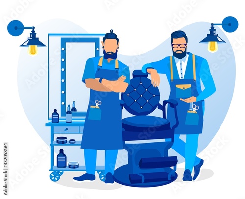 Couple of Bearded Barbers Stand with Crossed Arms Waiting Client in Barbershop Stand near Chair, Gentlemanly Salon for Haircutting. Beauty Club for Men Fashion Service Cartoon Flat Vector Illustration