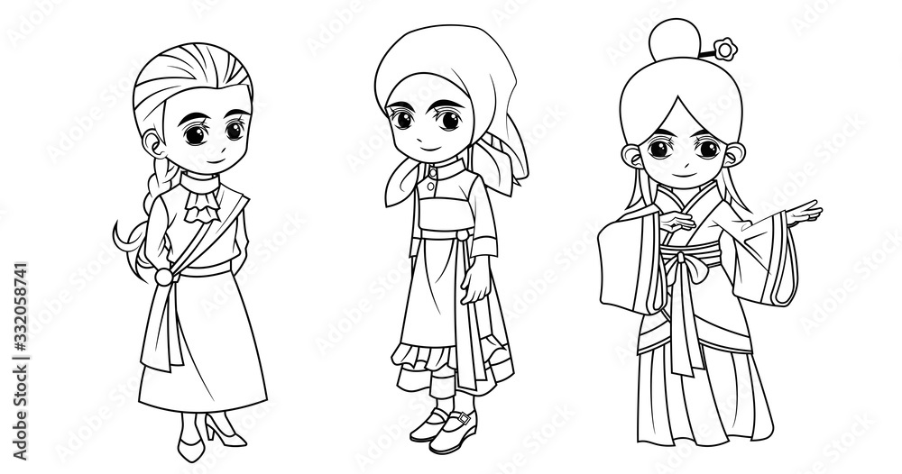 Collection of cartoon girl wearing Scottish Russian and Chinese costume used for coloring book Collection of cartoon girl wearing Scottish Russian and Chinese costume used for coloring book