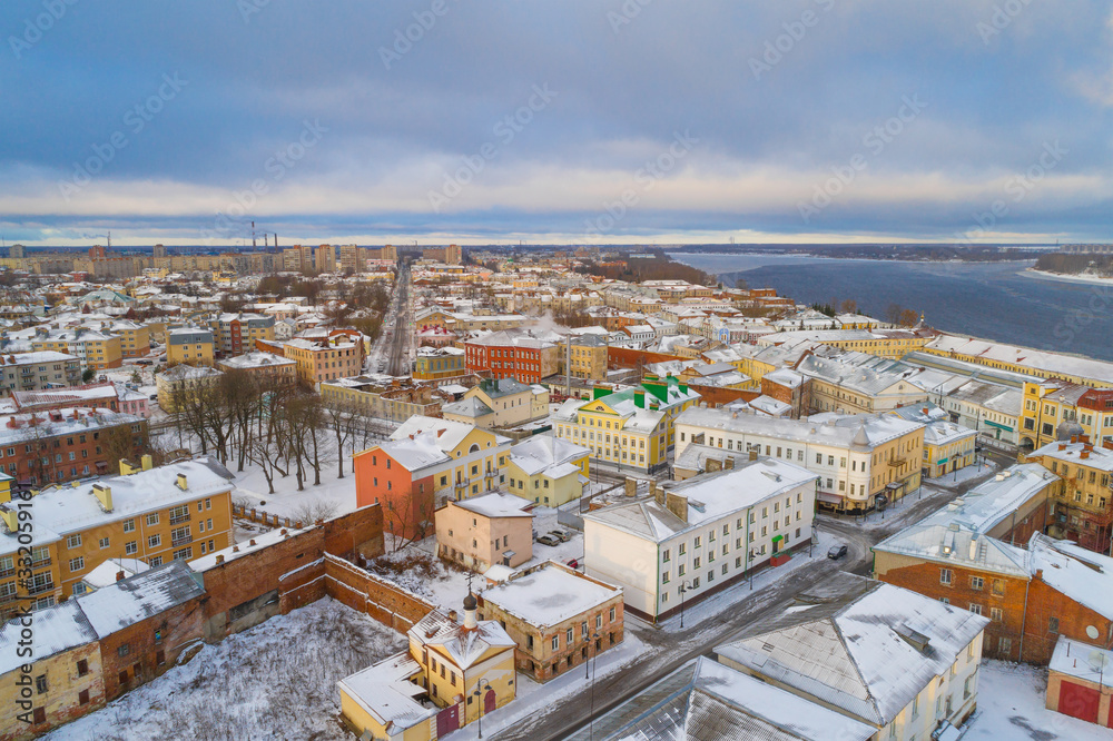 Cityscape of Rybinsk on a cloudy January day (aerial photography). Yaroslavl region, Russia