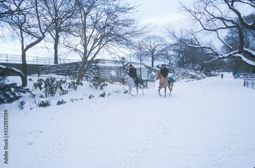 Fototapeta Naklejka Na Ścianę i Meble -  Horseback ride through fresh snow in Central Park, Manhattan, New York City, NY