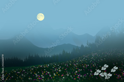 Beautiful flower field on the hill with pine trees in full moon night photo