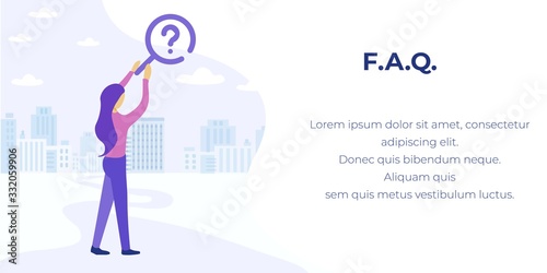 FAQ Service for Finding Answers Advertising Banner. Cartoon Woman Character Holds Magnifying Glass Pointing to Question Mark. Vector Flat City with Skyscrapers Illustration with Promotion Text
