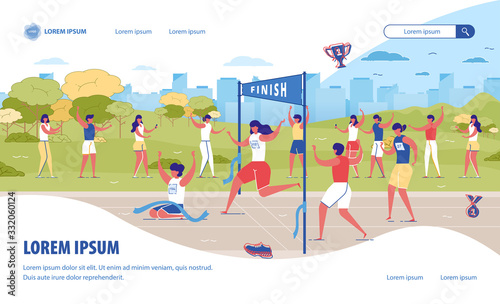 Run City Marathon Banner. Cartoon Man Winner Run First at Finishing Line Ribbon Vector Illustration. Race Runner at Street. Athletic Competition Sport Challenge. Health Cardio Training