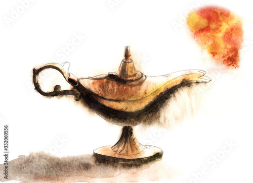 Watercolor illustration of antique mysterious oil lamp with fiery red smoke cloud isolated on white background. Hand drawn sketch of Aladdin's lamp. Blurred image of rubbed copper color on wet paper