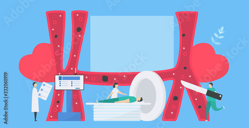Cardiology vector illustration. This disease calls endocarditis. It is infection of endocardium that is inner heart chambers and valves. Diagnostic and analysis with CT scan or MRI.