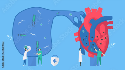 Cardiology vector illustration. This disease calls endocarditis. It is infection of endocardium that is inner heart chambers and valves. Bacteria, parasite and virus are running to blood vessel.