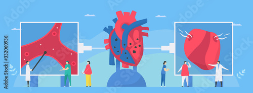 Cardiology vector illustration. This disease calls endocarditis. It is infection of endocardium that is inner heart chambers and valves. Risk factor include anemia and murmur. Diagnostic and analysis.