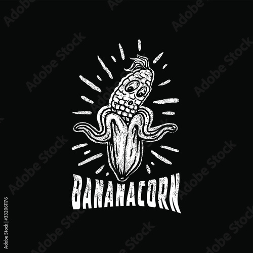 Vector illustration of banana and corn, isolated on black background