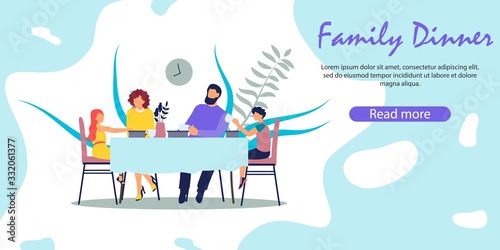 Breakfast or Supper Meal Happy Parents with Kids. Mother, Father, Daughter and Son Sitting at Table Eating Tasty Food. Love, Happiness, Family Values Cartoon Flat Vector Illustration Horizontal Banner