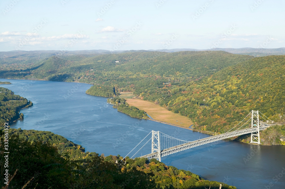 Autumn view overlook at 1300 feet of Bear Mountain Bridge and Hudson Valley and River at Bear Mountain State Park, New York
