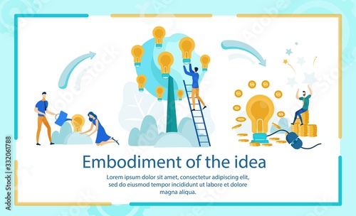 Flat Banner Inscription Embodiment of the Idea. Improving Performance Companies with Low Productivity. Successful Implementation Idea and Financial Harvesting. Vector Illustration.