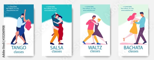 Dance Classes Advertisement. Dance School Flyer Template with Man Woman Dancers. Teaching Classic Waltz Tango Salsa Bachata. Choreography Learning. Business Promotion Vector Illustration