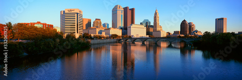 Scioto River and Columbus Ohio skyline  with setting sunlight