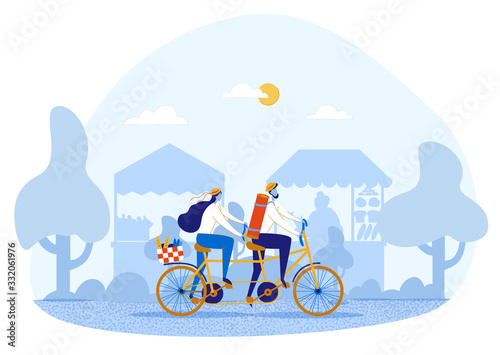 Cartoon Happy Man and Woman Characters. Married Loving Couple Riding Tandem Bike. Young Family Going on Picnic. Flat Street Farm Stall Market on Backdrop. Rest on Nature. Vector Illustration