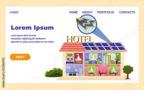 Solar Batteries Installation Business Company Banner. Hotel Building with Solar Panels on Roof Vector Illustration. Alternative Electric Energy from Sun Advantages. Green Eco Technology.