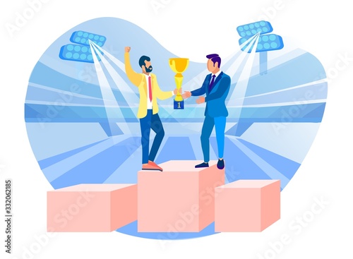 Cartoon Businessmen Characters Standing under Spotlights on Pedestal and Celebrating Victory. Men Winners Carrying Gold Trophy Cup. Business Success. Leadership. Vector Flat Illustration