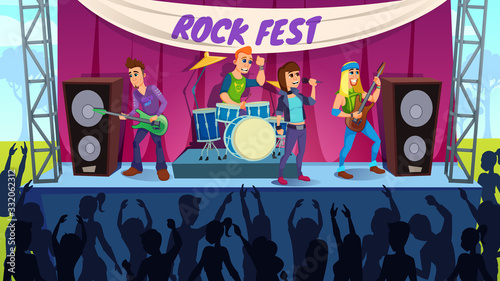 Heavy Rock Band Performing on Rock Festival Outdoor Stage, Music Fans Enjoying Favorite Music Group Female Vocalist Signing, Public Having Fun, Dancing on Live Concert Cartoon Vector Illustration