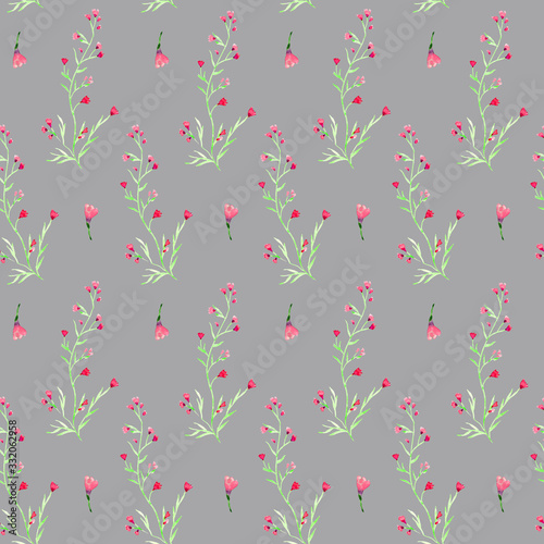 Watercolor tender pink flowers on a gray background. Seamless pattern