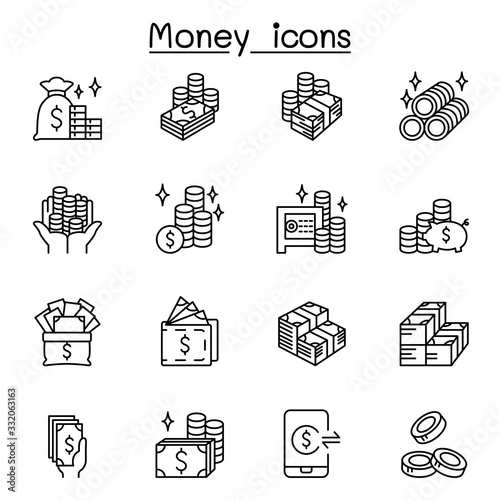 Money, cash, currency & coin icons set in thin line style