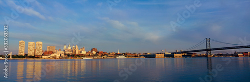 Panoramic view of Delaware River as seen from Camden New Jersey of Philadelphia, PA at sunrise